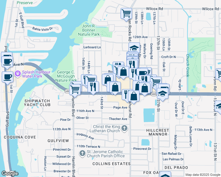 map of restaurants, bars, coffee shops, grocery stores, and more near 14219 Walsingham Road in Largo