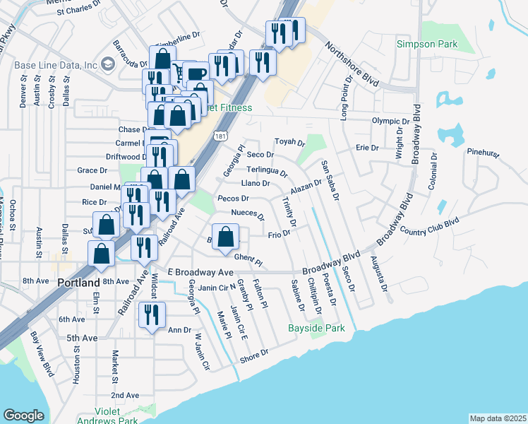 map of restaurants, bars, coffee shops, grocery stores, and more near 231 Nueces Drive in Portland