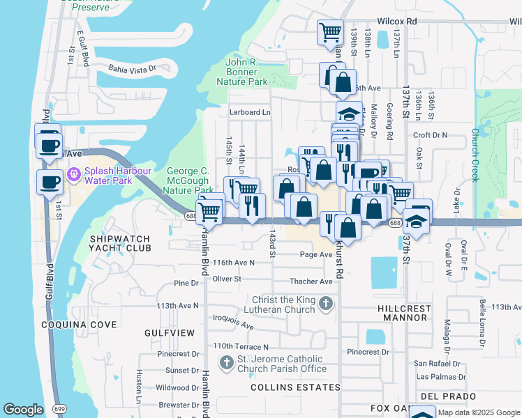 map of restaurants, bars, coffee shops, grocery stores, and more near 14385 Walsingham Road in Largo