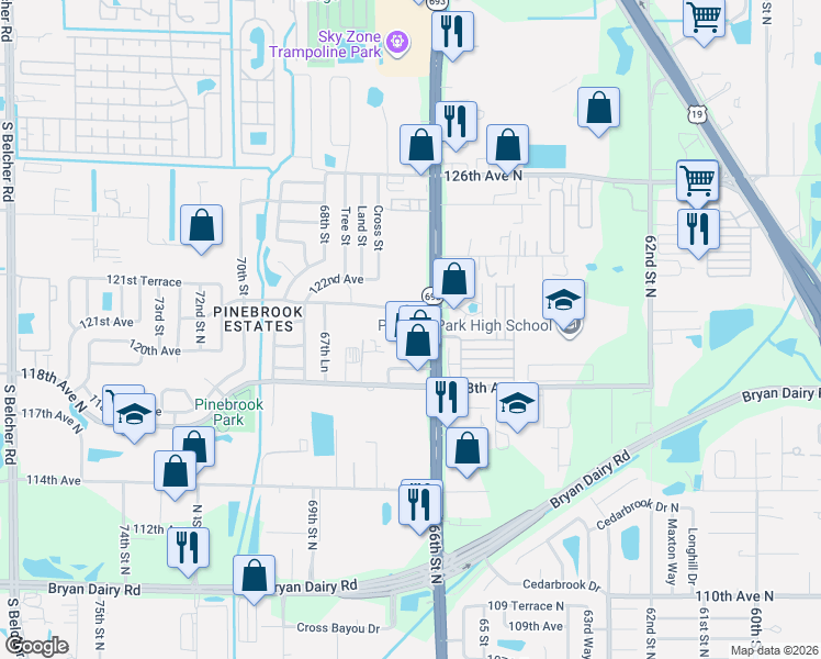 map of restaurants, bars, coffee shops, grocery stores, and more near 11950 66th Street North in Largo