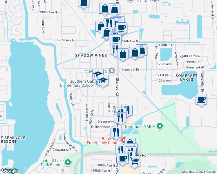 map of restaurants, bars, coffee shops, grocery stores, and more near 8901-8999 Walsingham Road in Largo