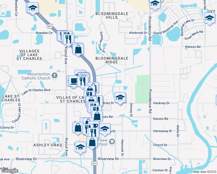 map of restaurants, bars, coffee shops, grocery stores, and more near 10825 Johanna Avenue in Riverview