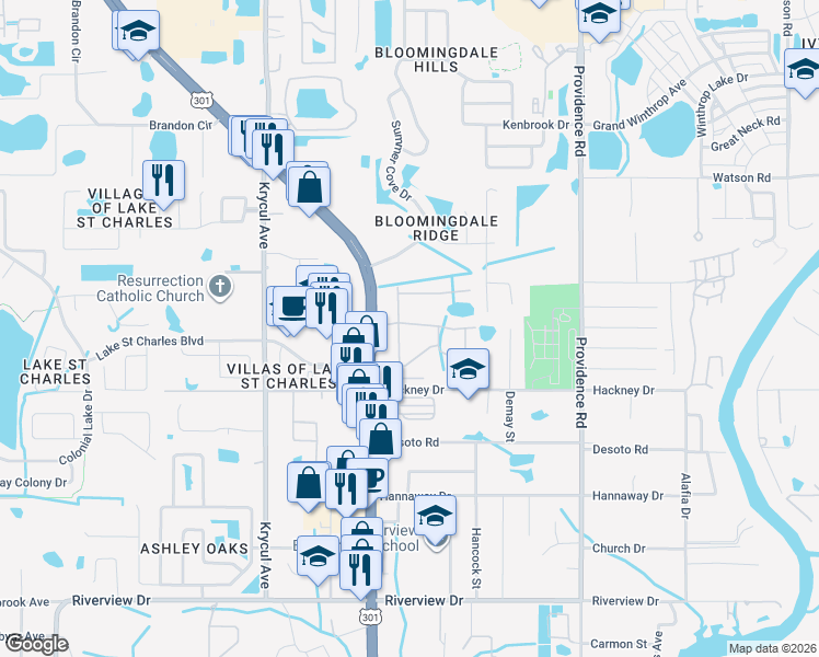 map of restaurants, bars, coffee shops, grocery stores, and more near 10809 Johanna Avenue in Riverview