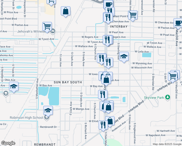 map of restaurants, bars, coffee shops, grocery stores, and more near 3908 West Iowa Avenue in Tampa
