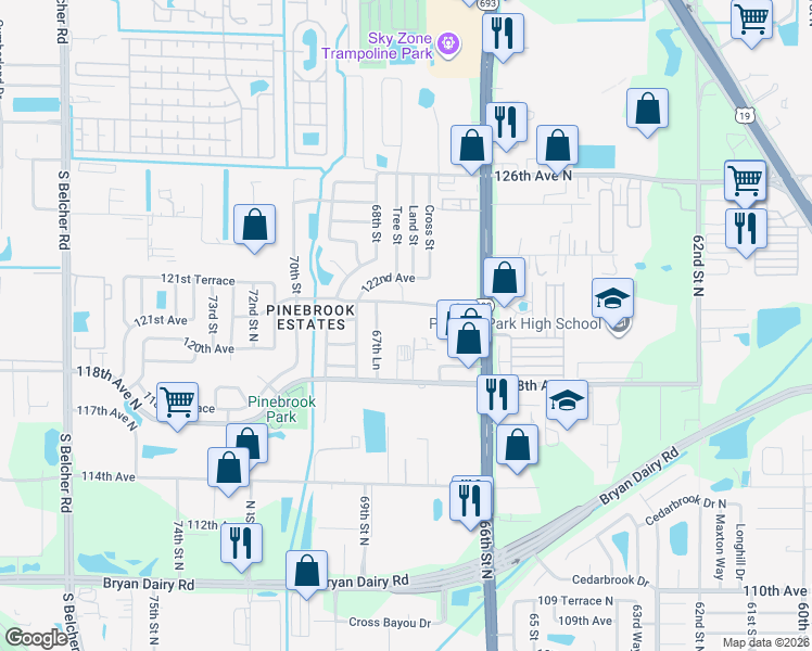 map of restaurants, bars, coffee shops, grocery stores, and more near 67TH Wrens Way Pass in Largo