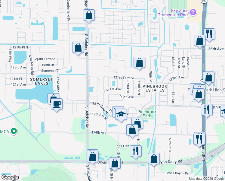 map of restaurants, bars, coffee shops, grocery stores, and more near 7402 120th Avenue in Largo