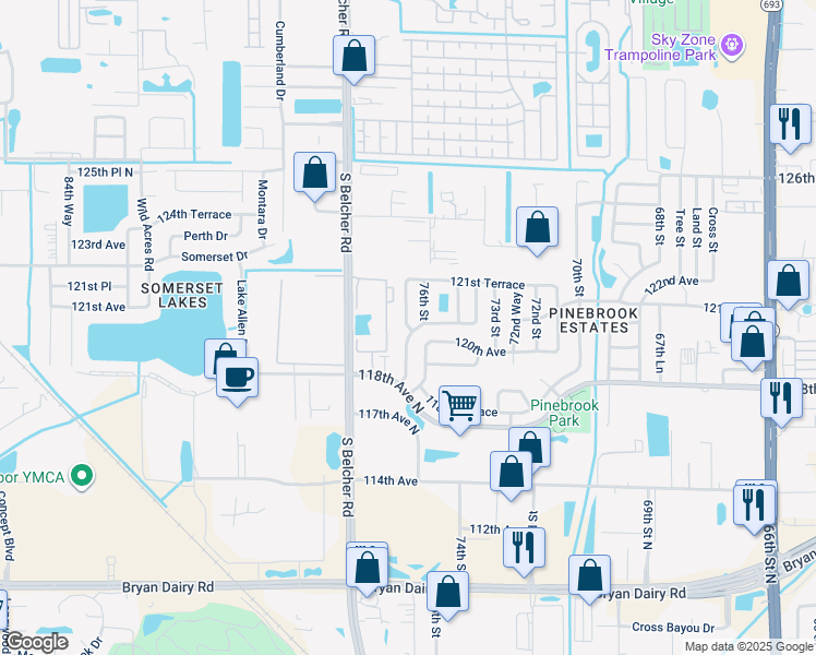 map of restaurants, bars, coffee shops, grocery stores, and more near 7582 121st Terrace in Largo