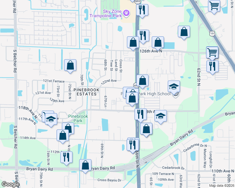 map of restaurants, bars, coffee shops, grocery stores, and more near 67TH Wrens Way Pass in Largo
