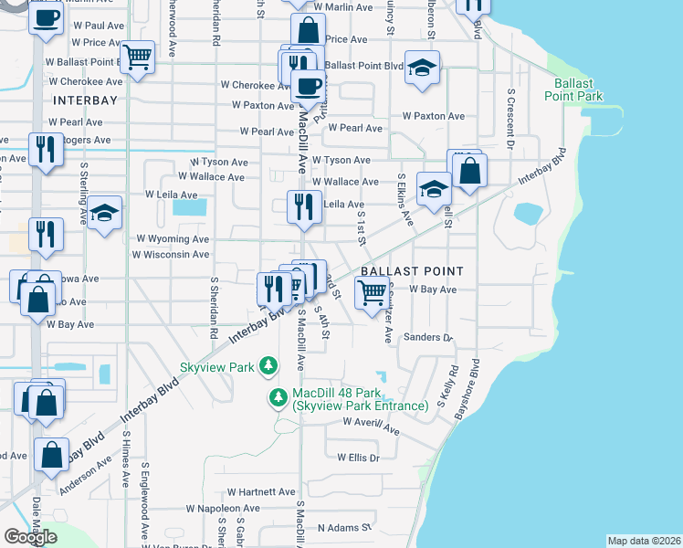map of restaurants, bars, coffee shops, grocery stores, and more near 6005 Interbay Boulevard in Tampa