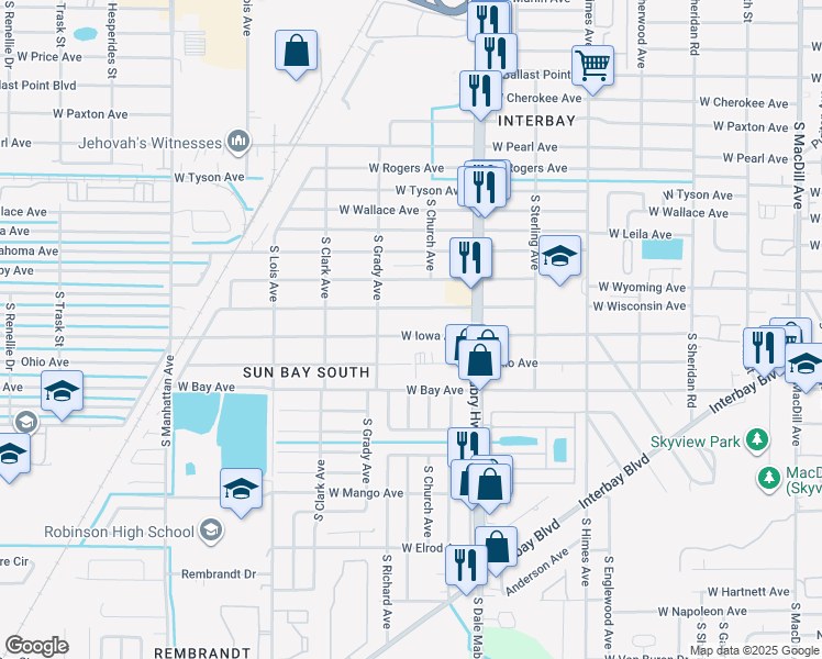 map of restaurants, bars, coffee shops, grocery stores, and more near 3908 West Iowa Avenue in Tampa