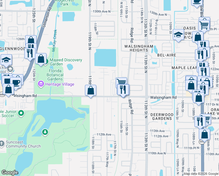map of restaurants, bars, coffee shops, grocery stores, and more near 12015 117th Street North in Seminole