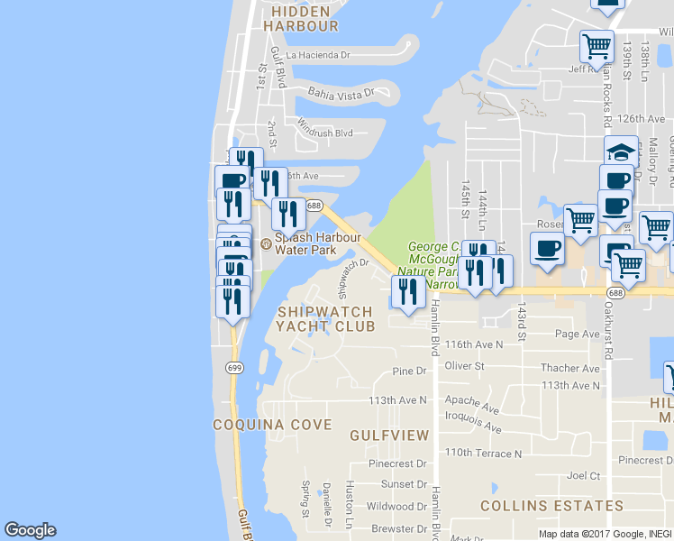 map of restaurants, bars, coffee shops, grocery stores, and more near 11900 Shipwatch Drive in Largo