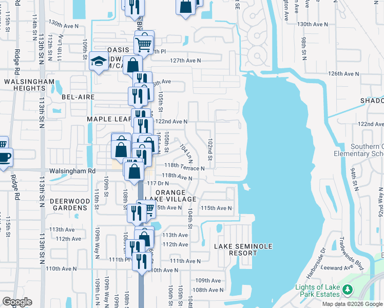 map of restaurants, bars, coffee shops, grocery stores, and more near 11903 104 Lane North in Largo