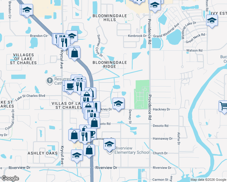map of restaurants, bars, coffee shops, grocery stores, and more near 10910 Johanna Avenue in Riverview