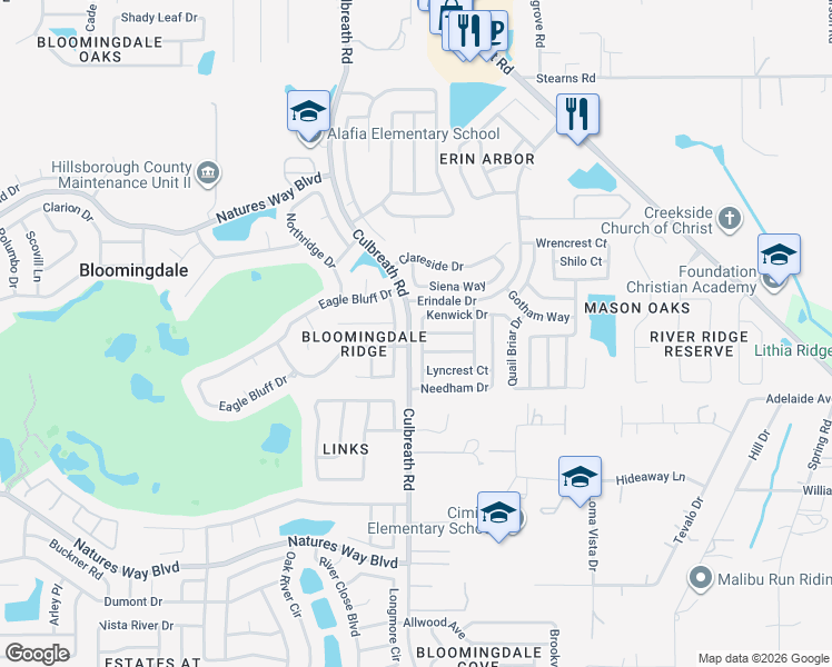 map of restaurants, bars, coffee shops, grocery stores, and more near 2312 Kenwick Drive in Valrico