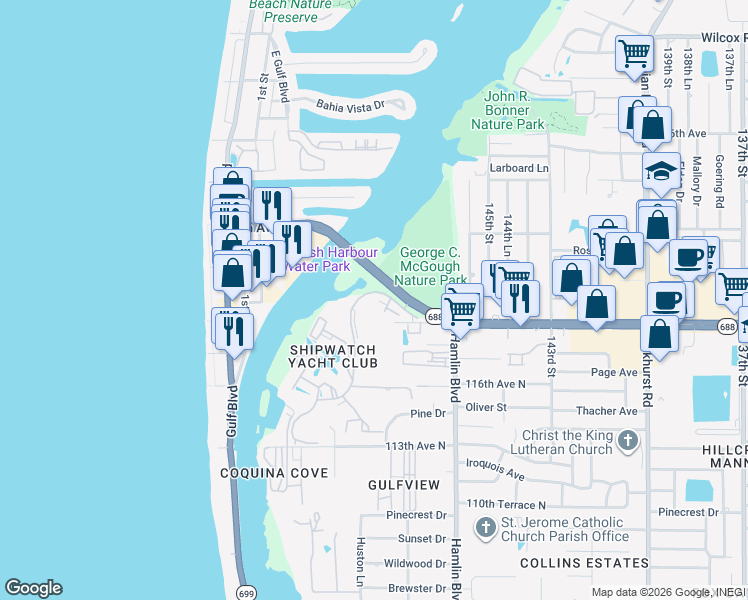 map of restaurants, bars, coffee shops, grocery stores, and more near 14833 Walsingham Road in Largo