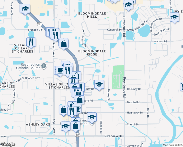 map of restaurants, bars, coffee shops, grocery stores, and more near 6800 Dartmouth Hill Street in Riverview