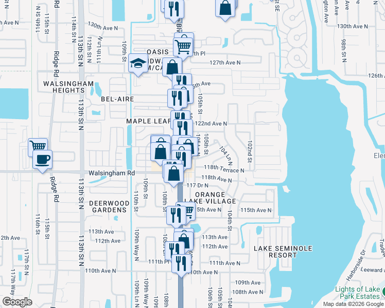 map of restaurants, bars, coffee shops, grocery stores, and more near 11915 106th Street in Largo