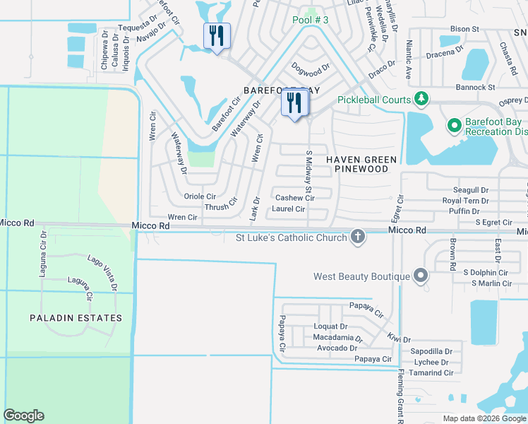 map of restaurants, bars, coffee shops, grocery stores, and more near 717 Lark Drive in Sebastian