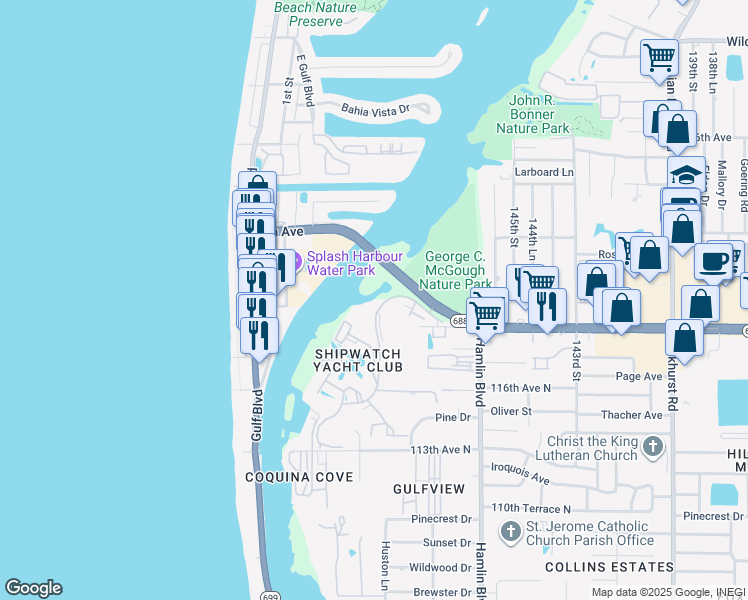 map of restaurants, bars, coffee shops, grocery stores, and more near 11900 Shipwatch Drive in Largo