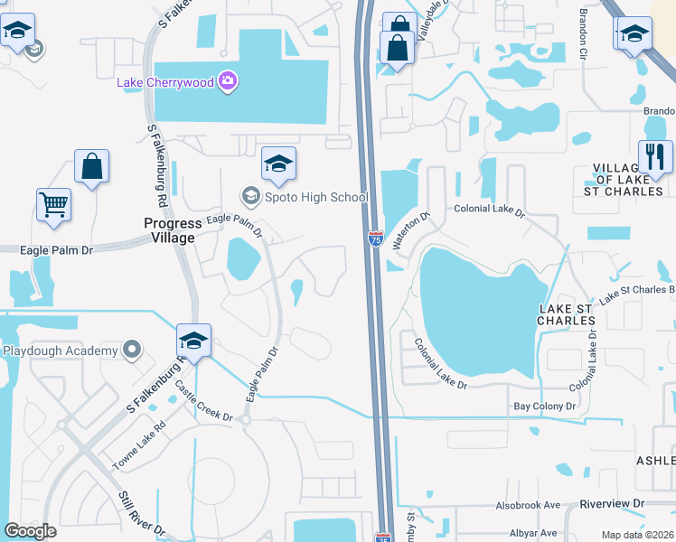 map of restaurants, bars, coffee shops, grocery stores, and more near 8917 Moonlit Meadows Loop in Riverview