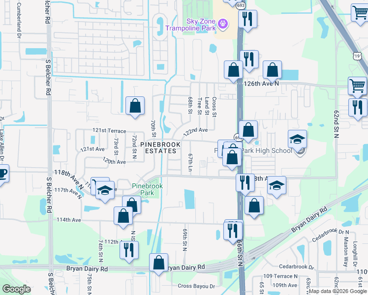 map of restaurants, bars, coffee shops, grocery stores, and more near 12081 68th Street in Largo