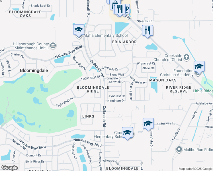 map of restaurants, bars, coffee shops, grocery stores, and more near 2302 Kenwick Drive in Valrico