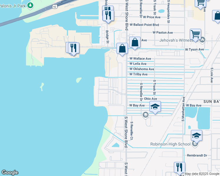 map of restaurants, bars, coffee shops, grocery stores, and more near 4905 Yacht Club Drive in Tampa