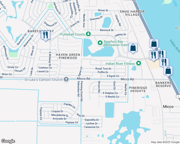 map of restaurants, bars, coffee shops, grocery stores, and more near 623 Royal Tern Drive in Sebastian