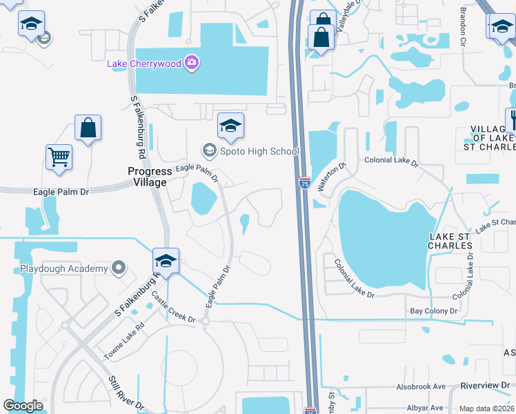 map of restaurants, bars, coffee shops, grocery stores, and more near 9135 Moonlit Meadows Loop in Riverview