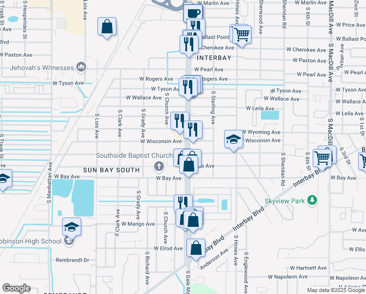 map of restaurants, bars, coffee shops, grocery stores, and more near 5901-5921 South Dale Mabry Highway in Tampa