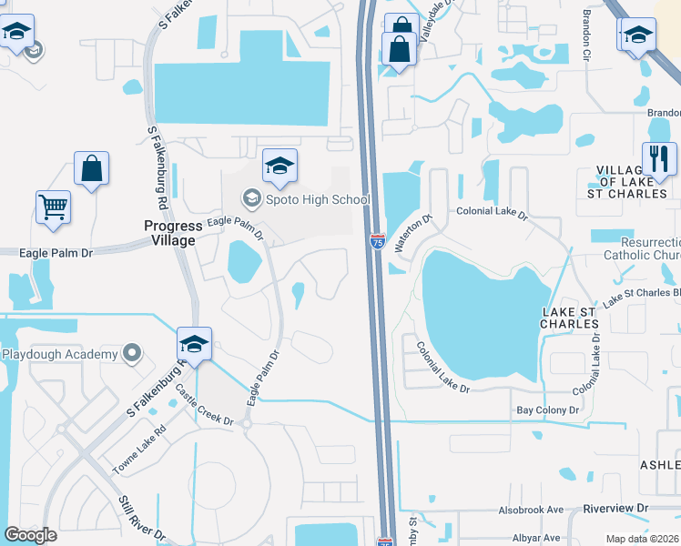 map of restaurants, bars, coffee shops, grocery stores, and more near 8917 Moonlit Meadows Loop in Riverview