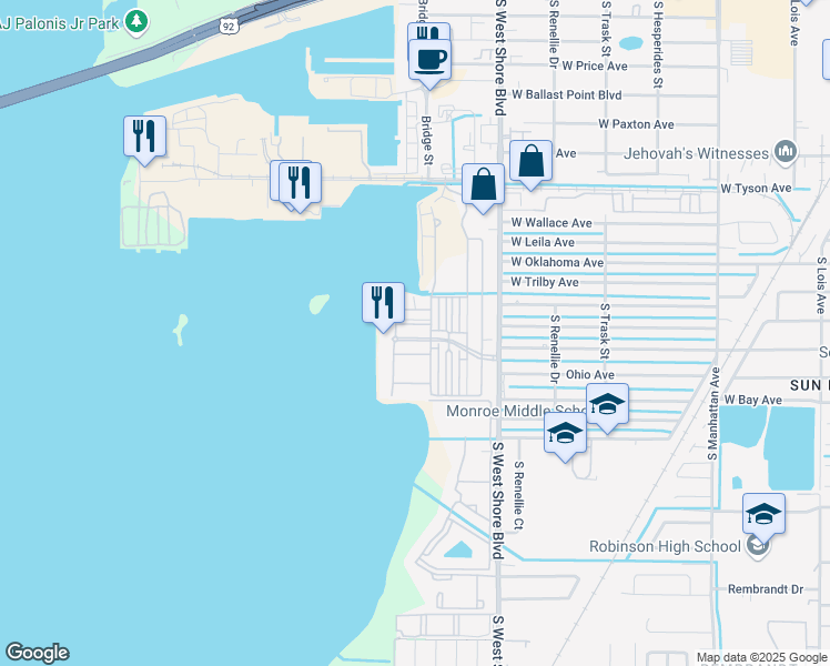 map of restaurants, bars, coffee shops, grocery stores, and more near 4905 Yacht Club Drive in Tampa
