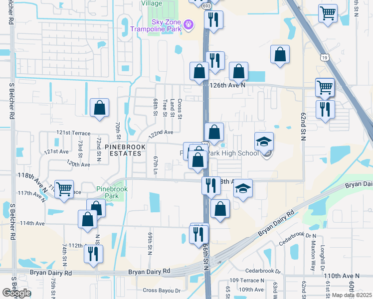 map of restaurants, bars, coffee shops, grocery stores, and more near 6650 121st Avenue in Largo