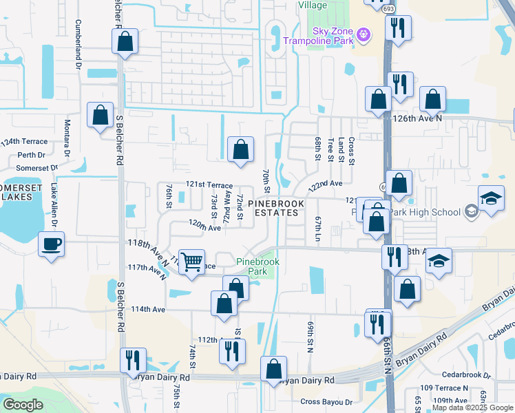 map of restaurants, bars, coffee shops, grocery stores, and more near 12090 70th Street in Largo