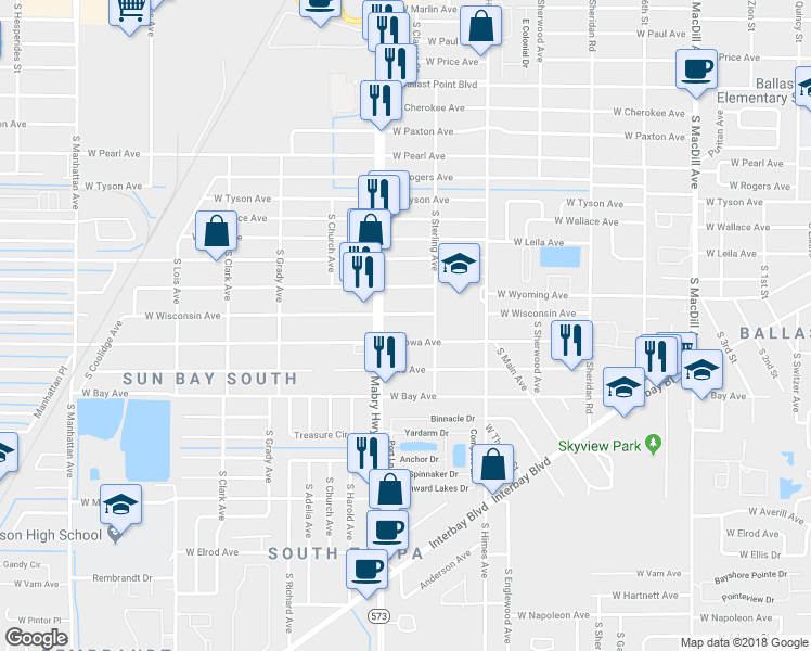 map of restaurants, bars, coffee shops, grocery stores, and more near 5902 Florida 573 in Tampa