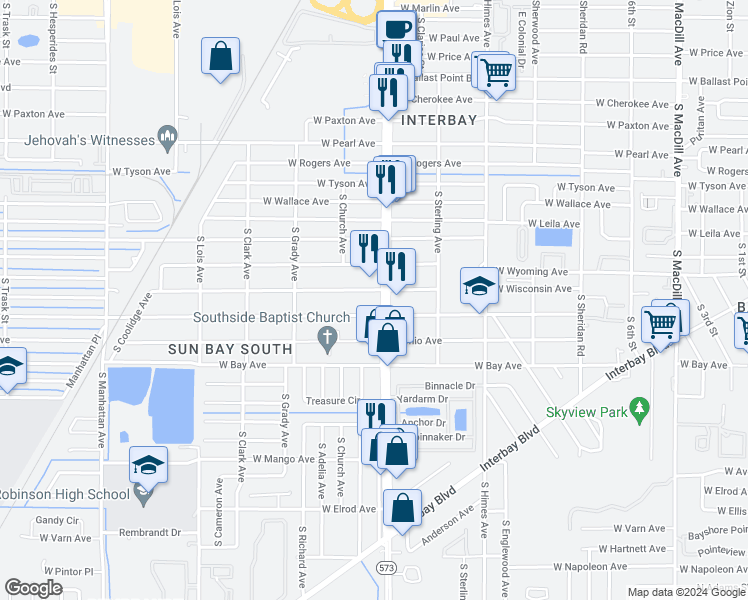 map of restaurants, bars, coffee shops, grocery stores, and more near 3811 West Wisconsin Avenue in Tampa