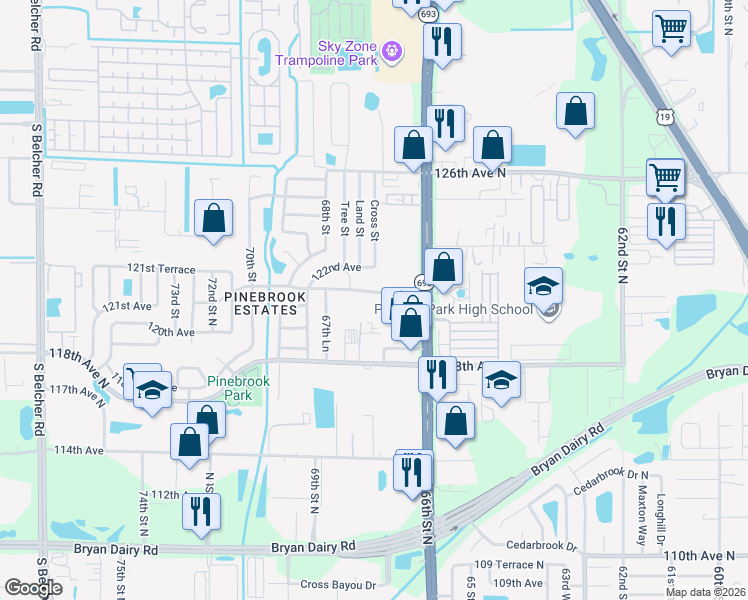 map of restaurants, bars, coffee shops, grocery stores, and more near 6701 121st Avenue in Largo