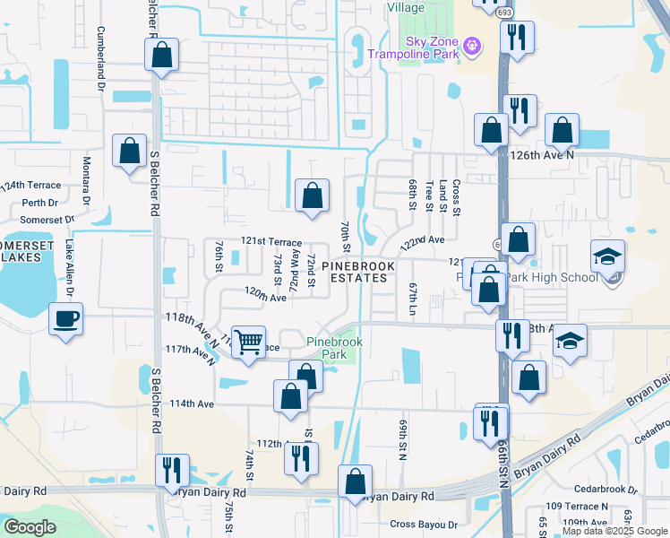 map of restaurants, bars, coffee shops, grocery stores, and more near 12090 70th Street in Largo