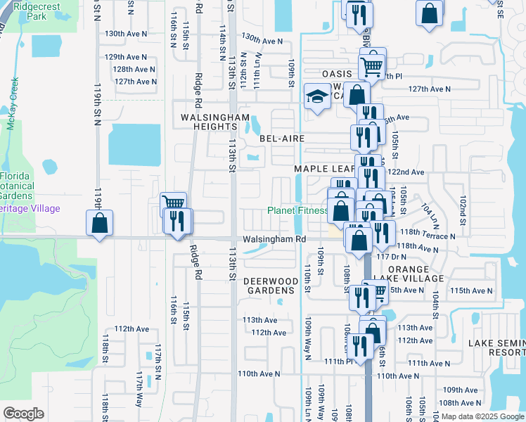 map of restaurants, bars, coffee shops, grocery stores, and more near 11200 120th Terrace North in Seminole