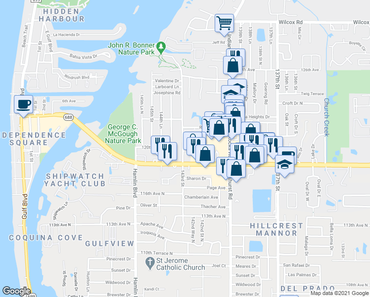 map of restaurants, bars, coffee shops, grocery stores, and more near 11945 143rd Street North in Largo