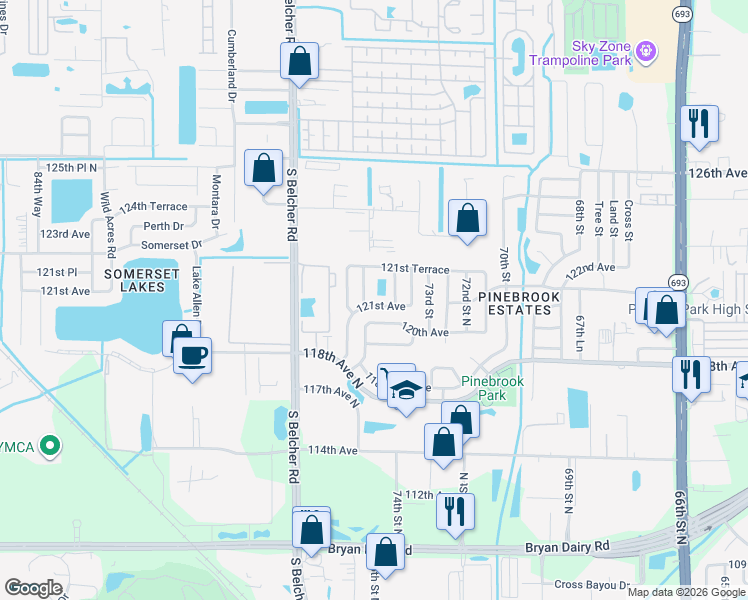 map of restaurants, bars, coffee shops, grocery stores, and more near 7571 121st Avenue in Largo