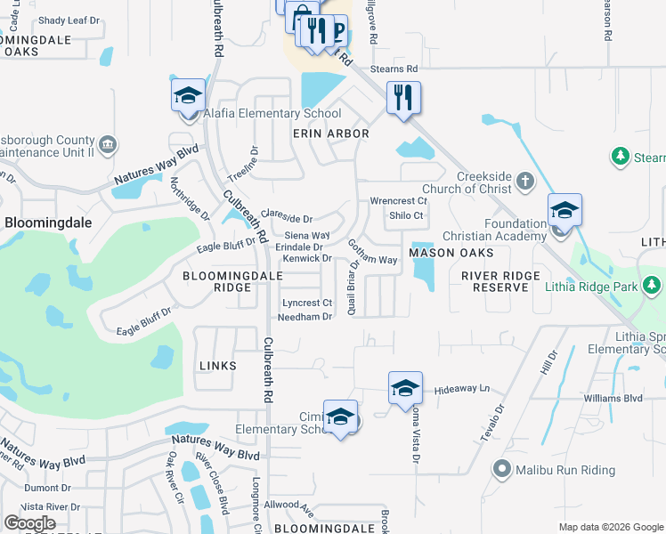 map of restaurants, bars, coffee shops, grocery stores, and more near 2420 Needham Drive in Valrico