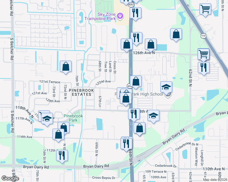 map of restaurants, bars, coffee shops, grocery stores, and more near 6701 121st Avenue in Largo