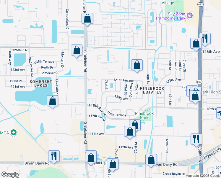 map of restaurants, bars, coffee shops, grocery stores, and more near 7551 121st Avenue in Largo