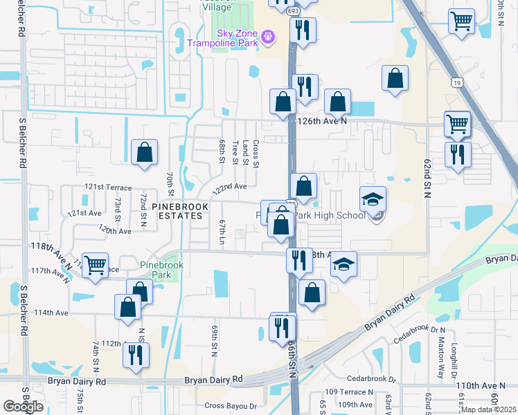 map of restaurants, bars, coffee shops, grocery stores, and more near 6701 121st Avenue in Largo