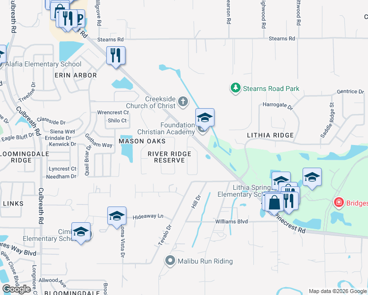map of restaurants, bars, coffee shops, grocery stores, and more near 2935 Shetland Ridge Drive in Valrico