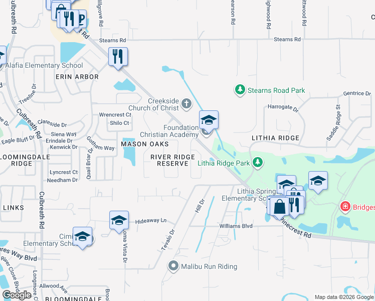 map of restaurants, bars, coffee shops, grocery stores, and more near 2801 Shetland Ridge Drive in Valrico