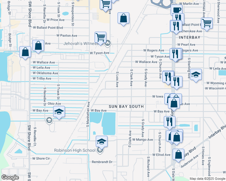 map of restaurants, bars, coffee shops, grocery stores, and more near 4205 West Wisconsin Avenue in Tampa