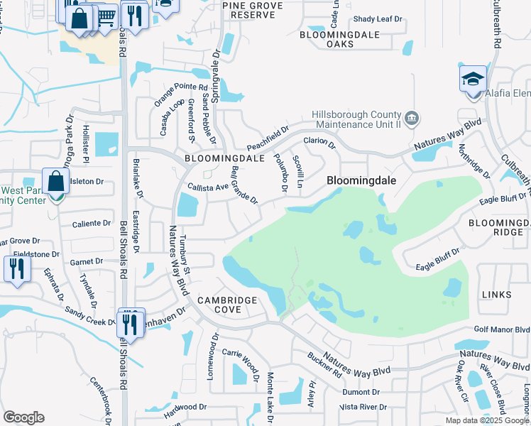 map of restaurants, bars, coffee shops, grocery stores, and more near 3914 Bell Grande Drive in Valrico